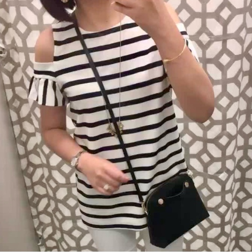 Loft Open Shoulder Black Stripped White Women’s Top